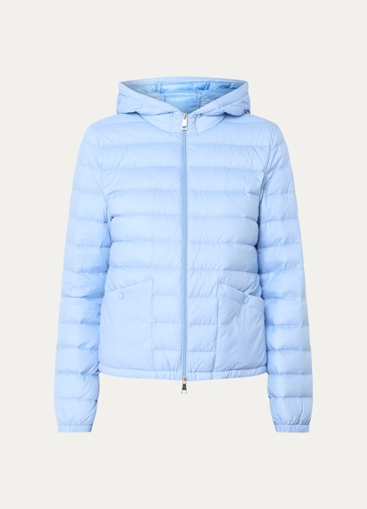 Moncler Hede puffer jack met capuchon en donsvulling - voorkant lichtblauw