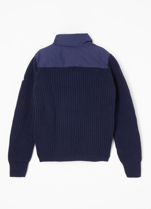 Moncler M1241 grofgebreid vest van wol met gewatteerde voorpand met donsvulling - achterkant blauw