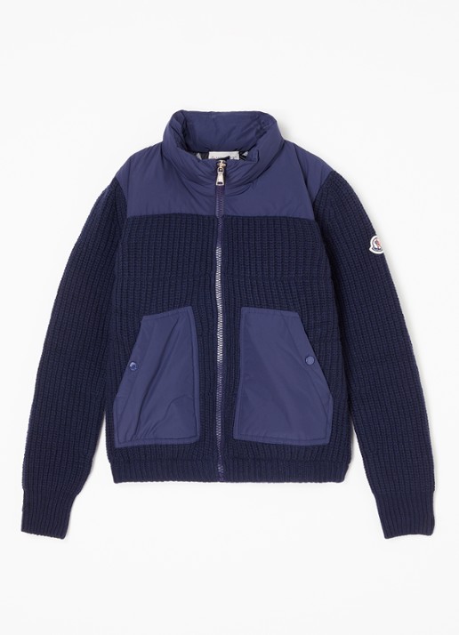 Moncler M1241 grofgebreid vest van wol met gewatteerde voorpand met donsvulling - voorkant 2 blauw