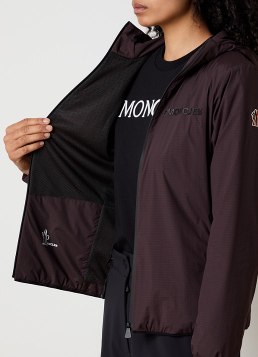 Moncler Mietres softshell jack met capuchon en logo - detail 3 donkerbruin