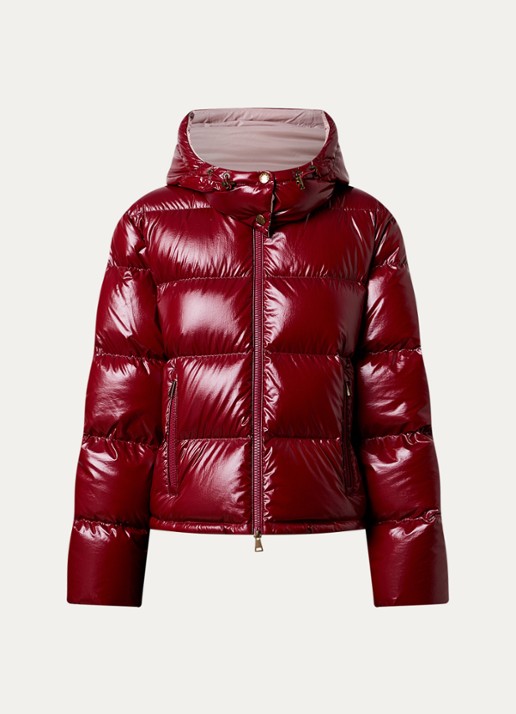 Moncler Niveole cropped puffer jack met donsvulling en afneembare capuchon - voorkant kersenrood