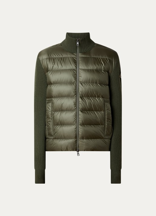 Moncler Ribgebreid vest in kasjmierblend met gewatteerd voorpand - voorkant legergroen