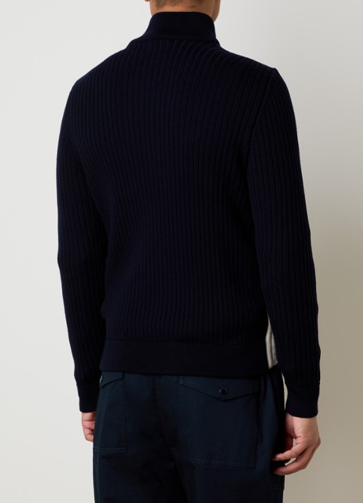Moncler Ribgebreid vest met gewatteerd voorpand en logo - achterkant blauw