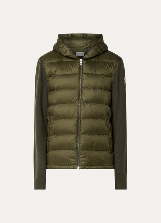 Moncler Ribgebreid vest van scheerwol met gewatteerd voorpand met donsvulling - voorkant 5 mosgroen