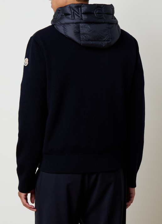 Moncler Ribgebreid vest van scheerwol met gewatteerd voorpand met donsvulling - achterkant donkerblauw