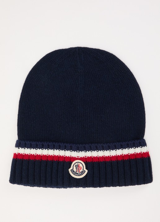 Moncler Ribgebreide muts in cashmere blend met logo