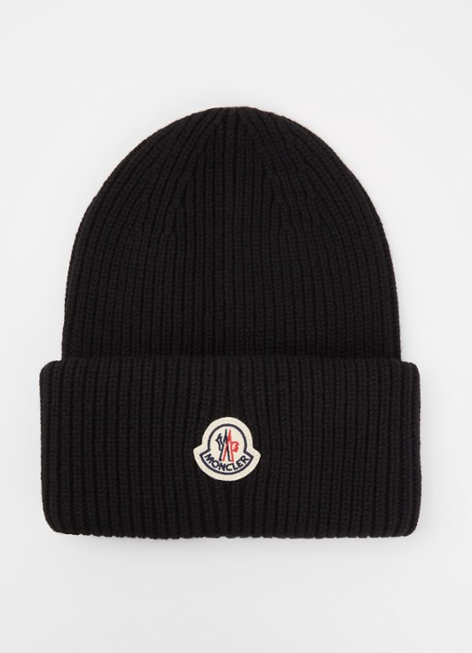 Moncler Ribgebreide muts in kasjmierblend met logo - voorkant zwart
