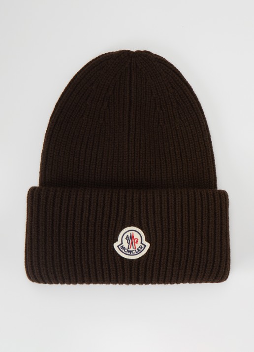 Moncler Ribgebreide muts in kasjmierblend met logo - voorkant donkerbruin