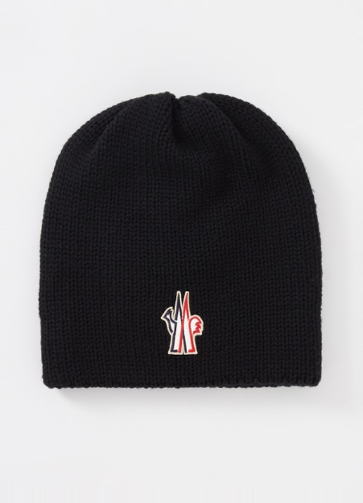Moncler Ribgebreide muts van scheerwol met logoborduring - voorkant zwart