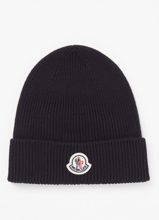 Moncler Ribgebreide muts van wol met logo - voorkant donkerblauw
