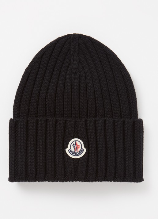 Moncler Ribgebreide muts van wol met logo  - voorkant zwart