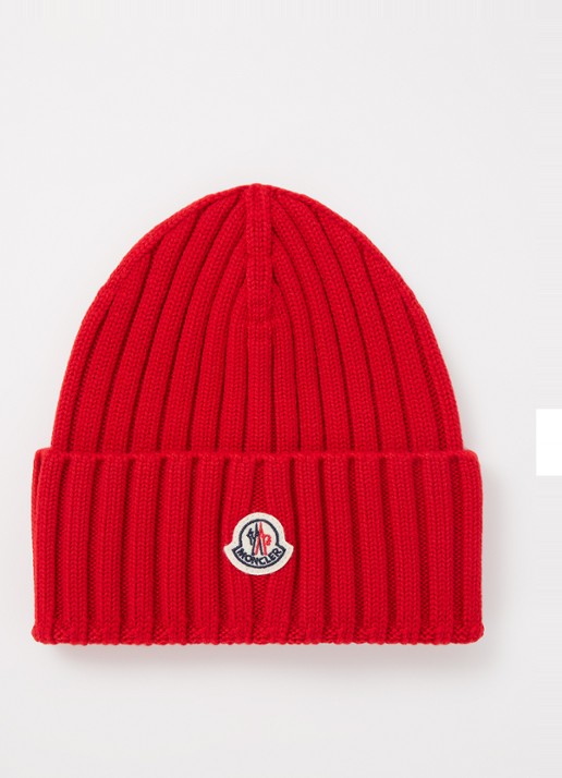 Moncler Ribgebreide muts van wol met logo  - voorkant rood