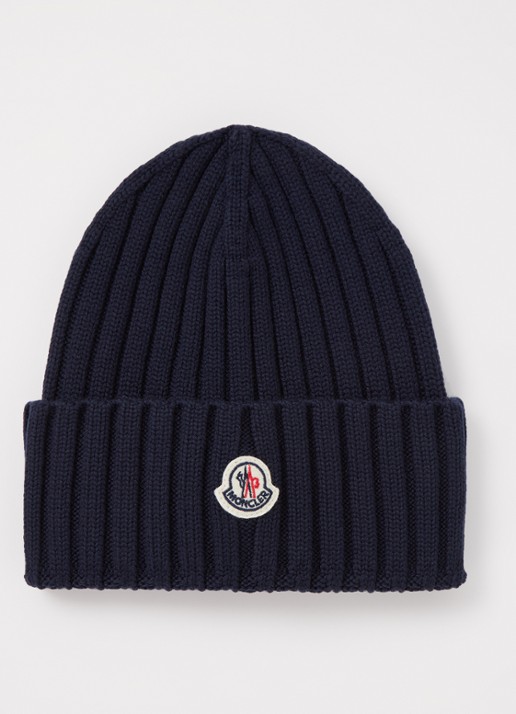Moncler Ribgebreide muts van wol met logo  - voorkant donkerblauw