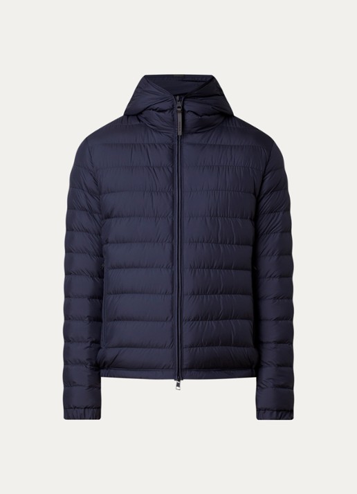 Moncler Solien puffer jack met donsvulling en ritszakken - voorkant donkerblauw