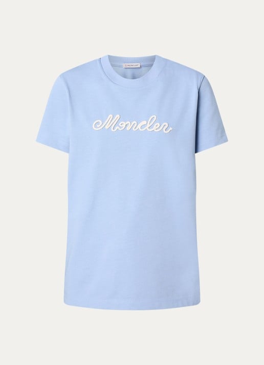 Moncler T-shirt met flock logoprint - voorkant blauwgrijs