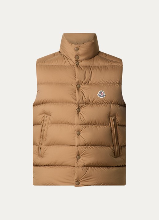 Moncler Tibb gewatteerde bodywarmer met donsvulling en logo - voorkant 5 camel
