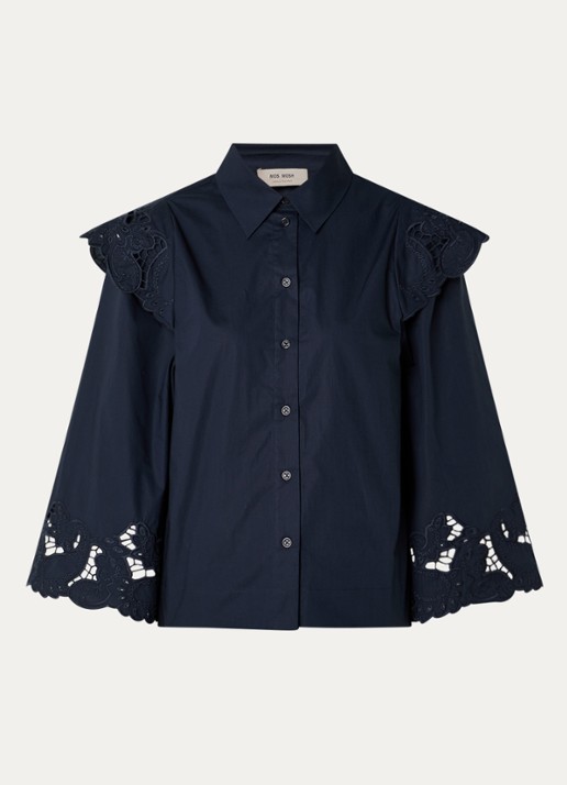 Mos Mosh Heliam A-lijn blouse met broderie en trompetmouw - voorkant zwart