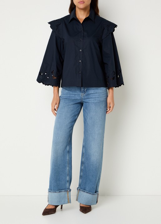 Mos Mosh Heliam A-lijn blouse met broderie en trompetmouw - voorkant 2 zwart