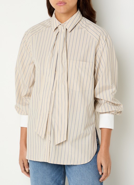 Mos Mosh Keeva blouse met sjaalkraag en streepprint - detail beige