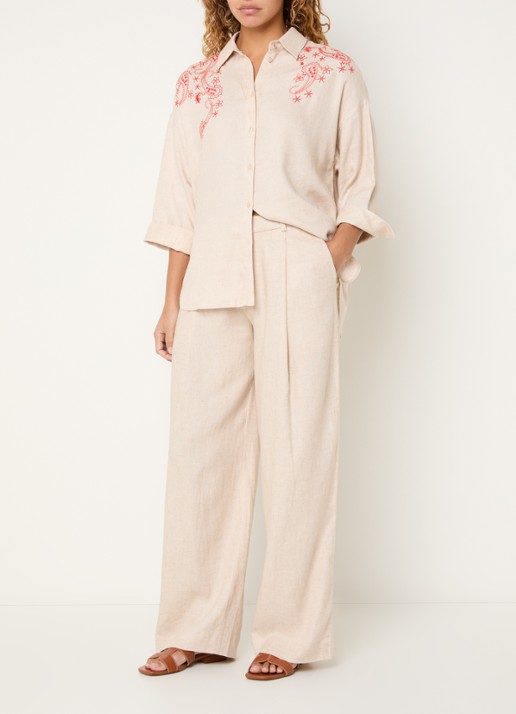 Mos Mosh MMAudri blouse in linnenblend met borduring - voorkant 3 beige