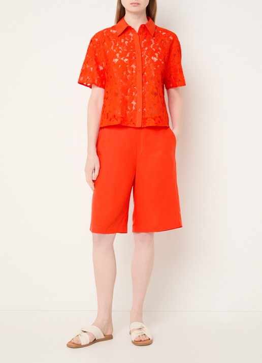 Mos Mosh MMBai Alexis straight fit korte broek in linnenblend met steekzakken - voorkant 3 orange