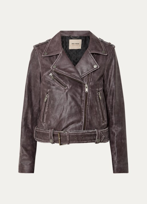 Mos Mosh MMCelia bikerjack van leer met ceintuur - voorkant 2 aubergine