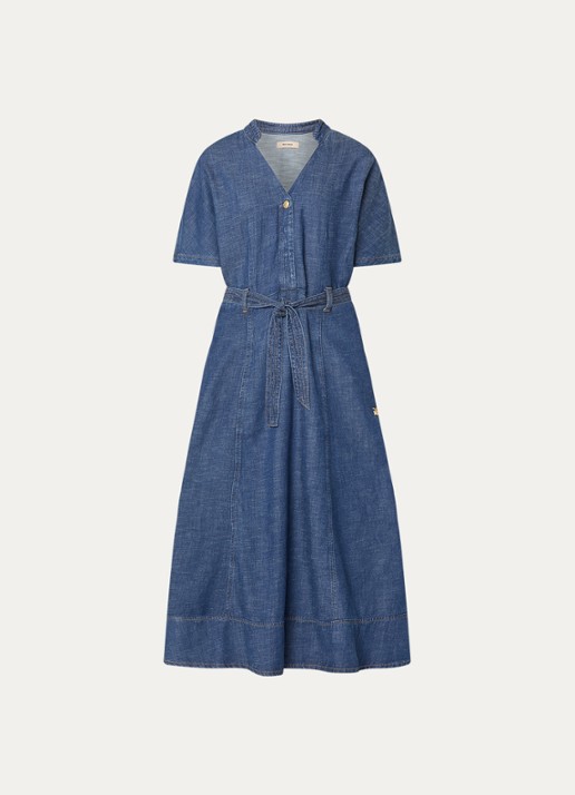 Mos Mosh MMEla Arfge midi denimjurk met strikceintuur - voorkant 3 indigo