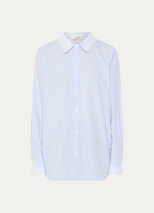 Mos Mosh MMElinda blouse met streepprint en broderie - voorkant 2 blauw