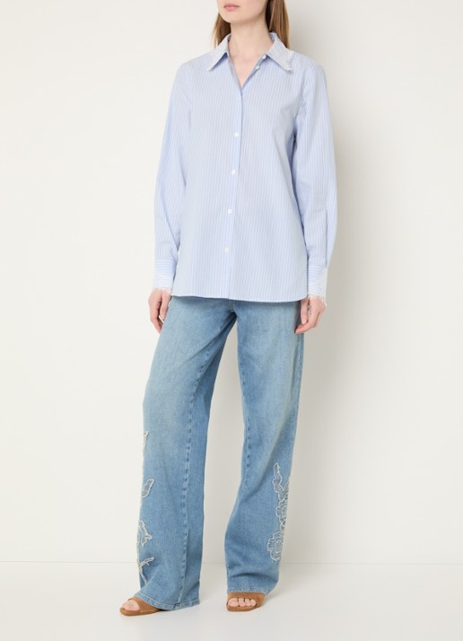 Mos Mosh MMElinda blouse met streepprint en broderie - voorkant 3 blauw