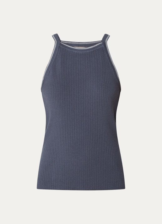 Mos Mosh MMImanja tanktop in zijdeblend met ribstructuur - voorkant donkerblauw