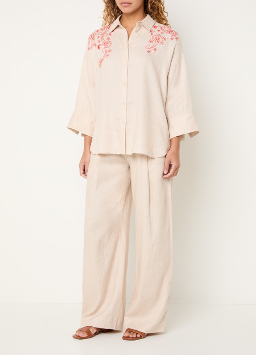 Mos Mosh MMIssa high waist wide fit pantalon in linnenblend - voorkant 3 beige