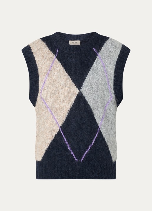 Mos Mosh MMJennine grofgebreide spencer in alpaca wolblend met ruitdessin - voorkant donkerblauw