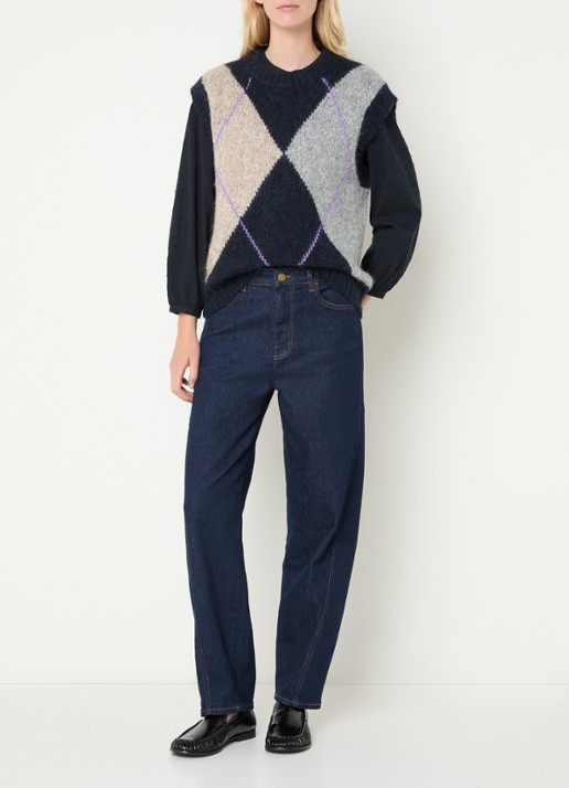 Mos Mosh MMJennine grofgebreide spencer in alpaca wolblend met ruitdessin - voorkant 2 donkerblauw