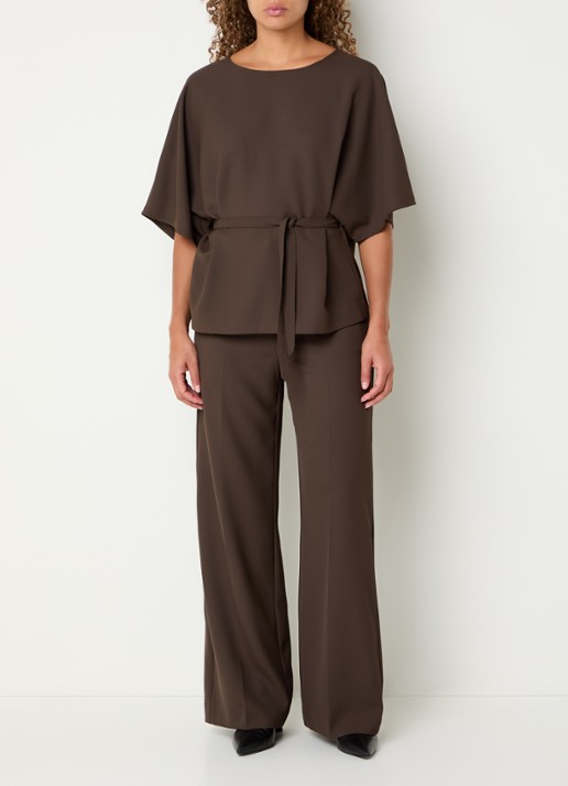Mos Mosh MMLeya Miley high waist wide fit pantalon met steekzakken - voorkant 2 donkerbruin
