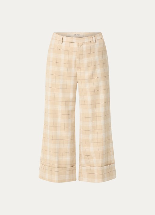 Mos Mosh MMLeyla Chelsea high waist wide fit cropped pantalon met ruitdessin - voorkant 2 beige