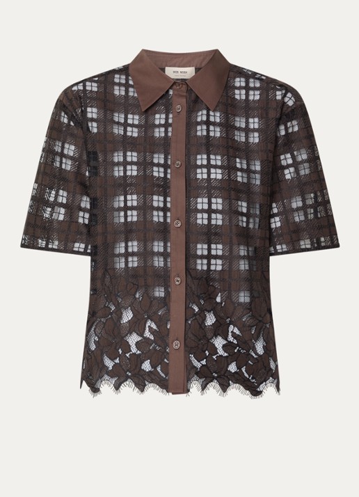 Mos Mosh MMLia River blouse met ruitdessin en details van kant - voorkant 3 bruin