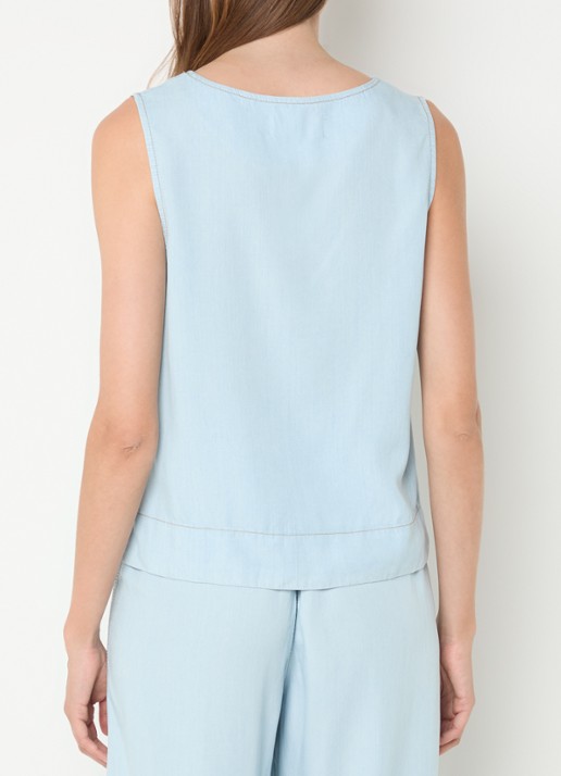 Mos Mosh MMLilli mouwloze top van chambray met borduring - achterkant 2 lichtblauw
