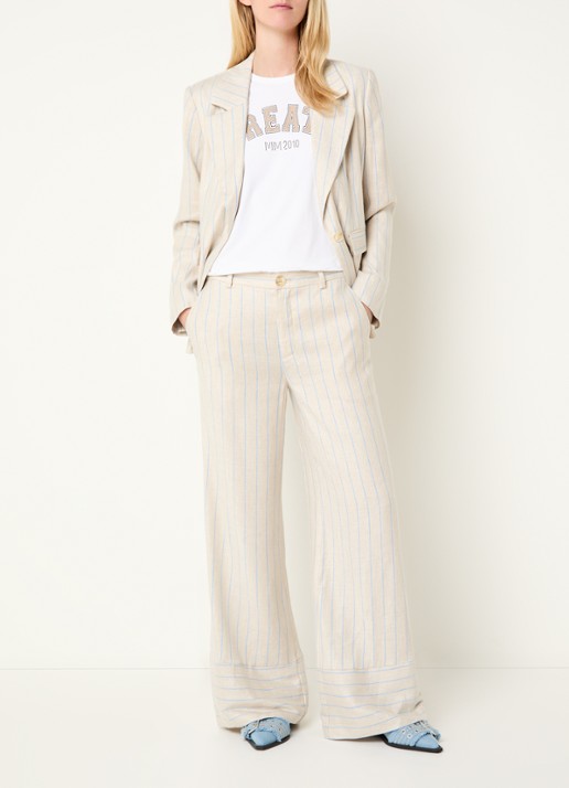 Mos Mosh MMMedina Miriam high waist wide fit pantalon in linnenblend met streepprint - voorkant 3 lichtblauw