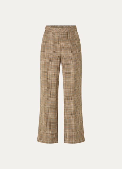 Mos Mosh MMMie Kalif high waist wide fit pantalon in wolblend met ruitdessin - voorkant 3 khaki