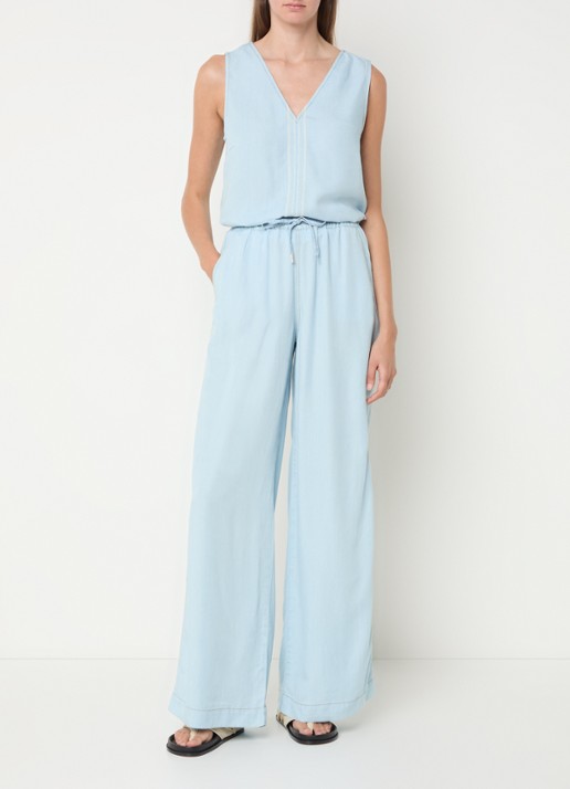 Mos Mosh MMMolli Olli high waist wide fit broek van chambray met steekzakken - voorkant 3 lichtblauw