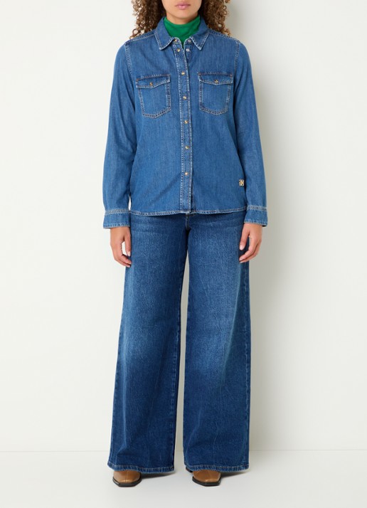Mos Mosh MMNatalie blouse van chambray met borstzakken - voorkant 3 blauw