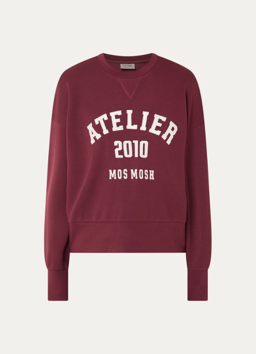Mos Mosh MMNina sweater met flock logoprint - voorkant 3 bordeauxrood