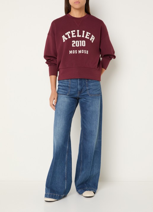 Mos Mosh MMNina sweater met flock logoprint - voorkant 4 bordeauxrood