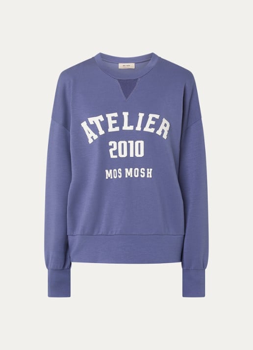Mos Mosh MMNina sweater met logoborduring - voorkant staalblauw