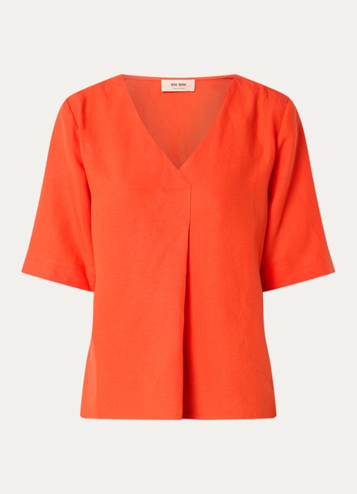 Mos Mosh MMRaina top in linnenblend met V-hals - voorkant 3 rood