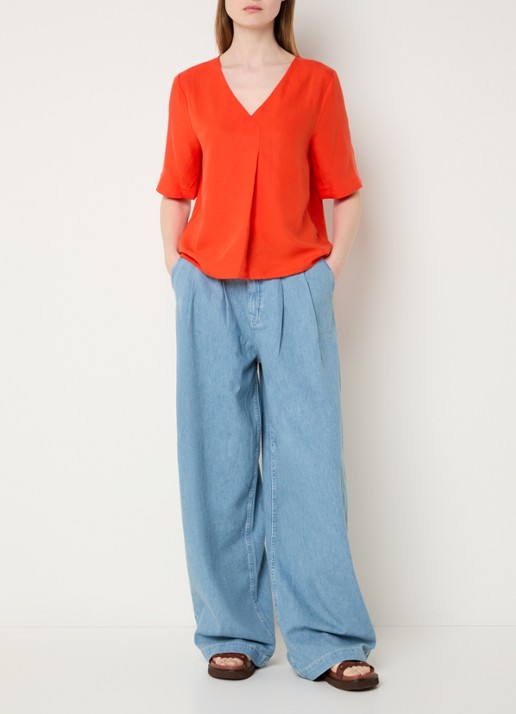Mos Mosh MMRaina top in linnenblend met V-hals - voorkant 4 rood