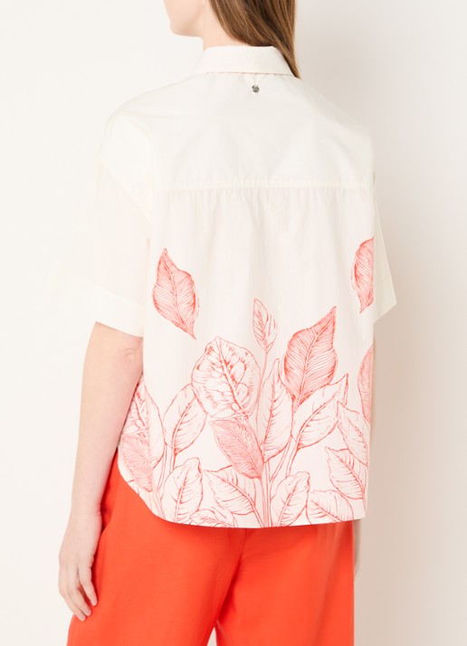 Mos Mosh MMSaras blouse met bladprint en sjaalkraag - achterkant 4 gebroken wit