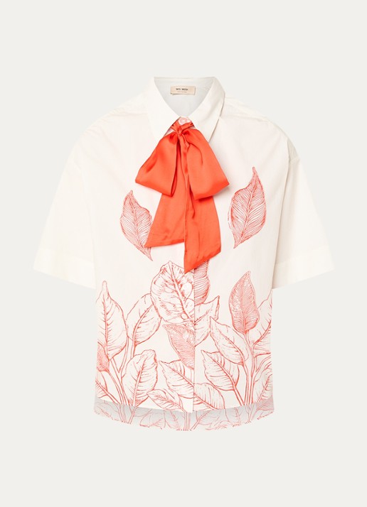 Mos Mosh MMSaras blouse met bladprint en sjaalkraag - voorkant gebroken wit