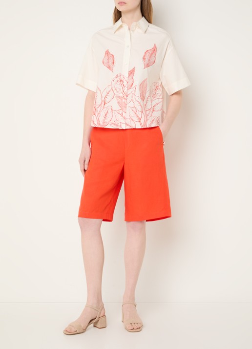 Mos Mosh MMSaras blouse met bladprint en sjaalkraag - voorkant 2 gebroken wit
