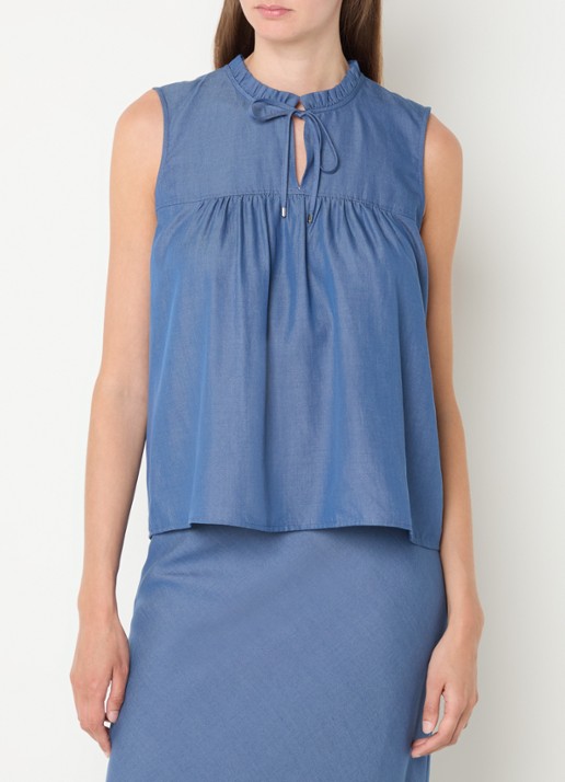 Mos Mosh MMSolandra mouwloze top van chambray met ruches